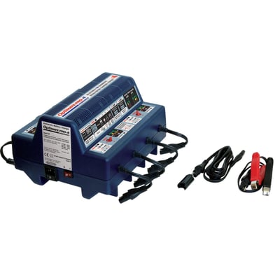 With EU wall plug. Professional 4-bank battery saving charger for power sport & small engine 12V batteries. No further battery knowledge required. Connect up to 4 x 12V batteries and let the charger do the rest. 
- OEM recommended battery care center for correct activation of new batteries and recovery, charge and testing of neglected sulphated / low-voltage batteries.
- New mode: a 1 hour activation charge only for new batteries that have received acid just prior to charging, such as STD flooded batteries with removable filler caps and AGM-MF ‘dry-charged’ batteries that are delivered with a separate custom acid pack 
- Charging Amps: 4A maximum, Ampmatic control. (2A max. when 2A is selected) 
- Use: Indoor / workshop environment (lowest temperature: -4°F / -20°C) 
- Save: Low Volt Start of 1.8V + 2 step desulphation recovery 
- For Lead Acid, AGM & GEL 12V batteries from 2 – 40Ah 
- Selectable 110-120V / 220-240V 50-60Hz 
- Vented industrial table top case.
- Incl. 6ft / 180cm AC supply lead and 4 x 6ft / 180cm charge lead ending in SAE connector. 4 x standard battery clip sets 
- No risk of overcharging 
- Sparks suppressed 
- Safe for long-term battery maintenance 
- Automatic shut-down if short-circuited or battery disconnected 
