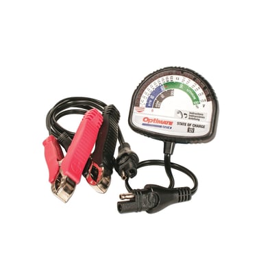 'State of Charge' battery tester. For all 12V lead-acid & 12.8V/13.2V lithium batteries. Used to quickly see the battery's charge condition before a battery is sold, or when it is returned. 
- State of charge result in Volts and %, 3 different bands for Lead Acid, AGM/GEL and LiFePO4 4 series batteries 
- Easy to follow instructions on rear panel of the tester 
- Easily connects with connect clips to the battery or to an installed SAE 2-pin battery lead. 
- Industry standard SAE 2-pin connector 
- 100cm battery clip set 
- Flashing indicator for discharged battery