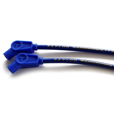 Blue wires with gold lettering. Plug & coil boots are black. Includes one 36" and one 18" long wire with 135° plug boots and 90° coil boots. According to Taylor these are the best spark plug wires money can buy. Made of a 40 Ohm/ft. Ferrite spiral core with a blend of copper nickel alloy which is bonded by a conductive acrylic cover. Feature two layers of pure Zimplex silicone for 600°F (315°C) heat protection. Excellent RFI and EMI suppression and compatible with most ignition systems and electronic components. Comes with 100% silicone plug boots with double spring locking spark plug terminals that will resist vibrations. 

Note: Compatible with all H-D ignitions. If you have an aftermarket ignition, please check with manufacturer's ohm requirements. For very high ohm ratings you can use Taylor's Carbon Core wire sets. For magnetos and point ignitions Taylor's metallic core wire sets are recommended.