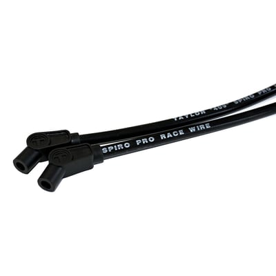 Includes 18" and 36" wires with 135° plug boots. Ready to install spark plug cable set with a Spiro-Pro core with .409" Pro Race (10.44mm) diameter cables that feature a spiral wound core with 350 Ohm/ft. resistance for excellent EMI and RFI suppression. With a 3-layer silicone technique, consisting of a 10.4", an 8" and a pure silicone inner core. Layers are separated with a heat treated fiberglass woven mesh below the first layer and a fiberglass braid below the second layer for pull strength. Offers 600°F (315°C) continues heat protection. The plug boot is 100% pure silicone around a double spring locking terminal for a positive and vibration resistant connection to the spark plug. 

Note: Compatible with all Harley ignitions. If you have an aftermarket ignition, please check with manufacturer ohm requirement. For very high ohm ratings you can use Taylor's Carbon Core wire sets. For magnetos and point ignitions Taylor's metallic core wire sets are recommended.