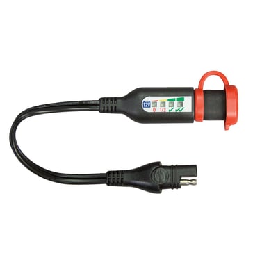 Monitor cable for AGM / Lead Acid batteries. 15cm long. Inline with 2-pin SAE to 2-pin SEA connectors with waterproof sealing cap. 4 LEDs cover ‘full to empty’ voltage range of all 12V batteries, including higher voltage AGM for power sport (4th √√ LED ≥ 12.7V.
- Micro processor driven 4 LED system used to monitor battery status.
- Informs you if the battery is in a good/needs charge/not good condition
- When the engine is running it also informs you if the vehicle's charging system is working. Then the LED mode changes to an arrow, with the pointer reaching the LED matching the voltage being delivered by charging system. No arrow means there is no charge
- A bright red LED warns that the charge level has reached 50% and that it is time to recharge that battery
- During vehicle storage the LED matching the battery’s state of charge will blink every 5 seconds, drawing very little power (0.2 milli-amps) to do so, in fact 20-100 times less than the vehicle’s circuitry is drawing from the battery at the same time
- Fast blink mode for first 15 seconds after connection to battery, for quick check of multiple batteries (e.g. vehicles on showroom floor)