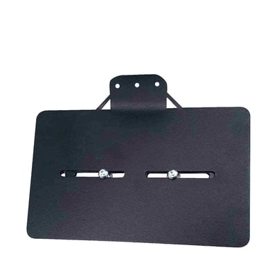 Black. For French license plates measuring 210mm x 130mm. Not designed for use with a taillight. License plate illumination must be ordered separately as 943294. Made from 1.5mm thick steel, with a black wrinkle powder coated finish. For left and right side use. The horizontal elongated mounting holes allow further horizontal adjustments for a snug fit on the bike. The L-shaped mount bracket is 35mm wide and made of 6mm thick steel. 
Note: Not designed for installation of a taillight. 
Note: License plate illumination light is not included and can be ordered separately as 943294.
