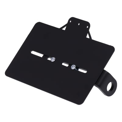 Black. For French license plates measuring 210mm x 130mm. Not designed for use with a taillight. License plate illumination must be ordered separately as 943294. Made from 1.5mm thick steel, with a black wrinkle powder coated finish. For left and right side use. The horizontal elongated mounting holes allow further horizontal adjustments for a snug fit on the bike. The L-shaped mount bracket is 35mm wide and made of 6mm thick steel. 
Note: Not designed for installation of a taillight. 
Note: License plate illumination light is not included and can be ordered separately as 943294.