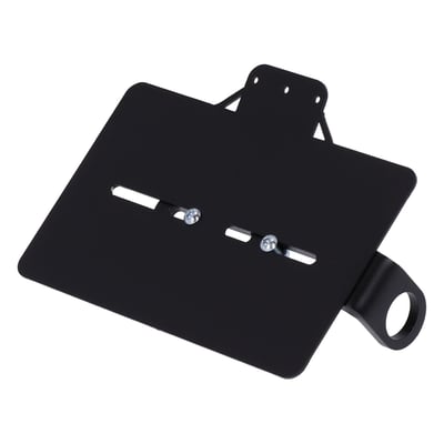 Black. For French license plates measuring 210mm x 130mm. Not designed for use with a taillight. License plate illumination must be ordered separately as 943294. Made from 1.5mm thick steel, with a black wrinkle powder coated finish. For left and right side use. The horizontal elongated mounting holes allow further horizontal adjustments for a snug fit on the bike. The L-shaped mount bracket is 35mm wide and made of 6mm thick steel. 
Note: Not designed for installation of a taillight. 
Note: License plate illumination light is not included and can be ordered separately as 943294.