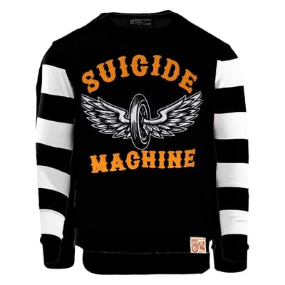 Oh yeah honey! The Outlaw sweater series spawned another baby. The Outlaw Suicide Machine! With felt applique letters and an embroidered logo this 12GG knitted, 100% cotton sweater sports the same fit as the other Outlaw sweaters. Now get in gear and don’t kill yourself!