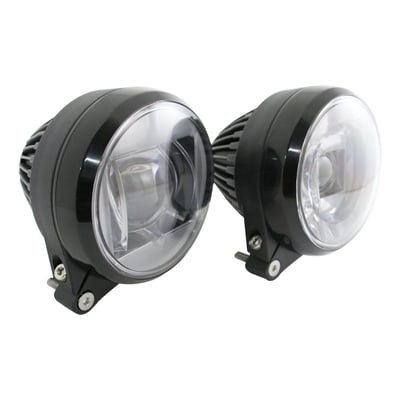 High Beam. Black. CNC aluminium machined housing and black aluminum mounting bracket. Great for a dual 12V LED headlamp set-up. These LED projection headlamps offer superior vision, excellent life, and low amperage draw. Perfect for a variation of custom applications. Headlamp housing 79mm (3.1") diameter. Includes installation instructions. Suitable for both left side (UK) and right side (Europe) driving. ECE approved. 
Note: See 942324 for low beam headlamp.