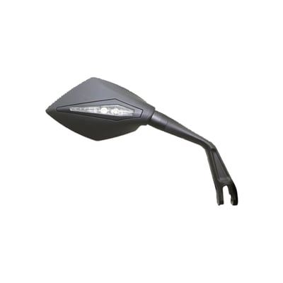 Black. Right side. Universal plastic/metal mirror with 2W LED turn signal and 1.6W LED position/running light.
- E-approved 12V 2W LED turn signal and 1.6W LED position light 
- Mirror lens: Light grey tinted to help prevent glare 
- Material: Plastic/metal 
- Threads: M10 x 1.25 x 20mm 
- Incl. adapter for left-hand / right-hand thread 
- Dimensions in mm: A = 95mm, B = 150mm, C = 210mm, D = 180mm 
- Homologation mirror glass: 19E L E4 00 0577 KOSO-M001 
- Homologation indicator: 11 E4 50R-00 2795 KOSO-W009. 
Note: See 942327 for left side.