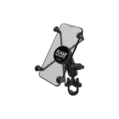 - Large Phone X-Grip holder
- For phones 1.75" (44.5mm) to 4.5" (114mm) wide and max .875" (22.2mm) deep
- Short 1.75" (44.5mm) ball to ball socket arm
- 'U-bolt' base that will clamp to 1/2" (12.7mm) to 1.25" (31.8mm) diameter aquare tubing and rails
- Holds max. 2 lbs / 907 gram normal use or 1 lbs (454 gram) heavy duty use
- Includes: (1) Optional Tether, (1) Glue Tube for Rubber Caps, (1) 1/4"-20 U-Bolt for 0.5" - 1" Rails, (1) 1/4"-20 U-Bolt for 1" - 1.25" Rails, (2) 1/4"-20 Nylock Nuts, (2) Rubber Caps, (1) U-Bolt Spacer
- Materials used: Marine-grade aluminum, high strength composite, stainless steel.
Consists of a zinc coated u-bolt base, double socket arm and universal X-Grip cradle. Included in this package is hardware that will accommodate rails from 0.50" to 1.25" in diameter. The base includes black cover caps to be placed over the exposed ends of the u-bolt. The mount is designed with a RAM 1" diameter patented rubber ball and socket system that has adjustment points at both ends of the double socket arm; this allowing for almost infinite adjustment and perfect viewing angles. The included composite rail adapter can narrow the rail to a minimum width of 0.5". The included X-Grip cradle has a clean and clever four leg design that sports great holding power without hiding your phone behind foam pads and plastic. The spring loaded X-Grip cradle expands and contracts, allowing for a perfect custom fit of your cell phone. The perfect complement to the modern sleek interior of today's vehicles, the RAM X-Grip is the cell phone cradle evolved. The X-Grip includes a device tether recommended for outdoor applications. The cradle is compatible with handheld devices that will fit the dimensions listed below. It is important to verify the dimensions of your handheld device with a case/sleeve/skin when determining the overall size.
RAM Mounts - The way It Works? A 3-piece system: 1 the mount base, 2 the connecting arm, 3 the device holder.
- 1 the mount base -
Equipped with RAM's 1" diameter elastomeric hard rubber socket ball. A connection that is easy adjust, slip-free and vibration absorbing. Various mount base options available.
- 2 socket arm / connecting arm -
A connecting arm with sockets that grip the rubber balls of the mount base and of the phone holder, effectively connecting both parts while offering virtual infinite tool-free adjustments.
- 3 Phone holder / X-Grip -
An innovative spring-loaded system with rubber caps on the 'fingers' that will clamp your phone. The X-Grip phone holder is equipped with RAM's elastomeric hard rubber socket ball for a slip-free, vibration absorbing mount to the socket arm.