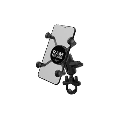 - Small Phone X-Grip holder
- For phones 1.875" (47.6mm) to 3.25" (82.6mm) wide and max .875" (22.2mm) deep
- Small X-Grip phone mount
- Short 1.75" (44.5mm) ball to ball socket arm
- 'U-bolt' base that will clamp to 1/2" (12.7mm) to 1.25" (31.8mm) diameter aquare tubing and rails
- Holds max. 2 lbs / 907 gram normal use or 1 lbs (454 gram) heavy duty use
- Includes: (1) Optional Tether, (1) Glue Tube for Rubber Caps, (1) 1/4"-20 U-Bolt for 0.5" - 1" Rails, (1) 1/4"-20 U-Bolt for 1" - 1.25" Rails, (2) 1/4"-20 Nylock Nuts, (2) Rubber Caps, (1) U-Bolt Spacer
- Materials used: Marine-grade aluminum, high strength composite, stainless steel.
Consists of a zinc coated u-bolt base, double socket arm and universal X-Grip cradle. Included in this package is hardware that will accommodate rails from 0.50" to 1.25" in diameter. The base includes black cover caps to be placed over the exposed ends of the u-bolt. The mount is designed with a RAM 1" diameter patented rubber ball and socket system that has adjustment points at both ends of the double socket arm; this allowing for almost infinite adjustment and perfect viewing angles. The included composite rail adapter can narrow the rail to a minimum width of 0.5". The included X-Grip cradle has a clean and clever four leg design that sports great holding power without hiding your phone behind foam pads and plastic. The spring loaded X-Grip cradle expands and contracts, allowing for a perfect custom fit of your cell phone. The perfect complement to the modern sleek interior of today's vehicles, the RAM X-Grip is the cell phone cradle evolved. The X-Grip includes a device tether recommended for outdoor applications. The cradle is compatible with handheld devices that will fit the dimensions listed below. It is important to verify the dimensions of your handheld device with a case/sleeve/skin when determining the overall size.
RAM Mounts - The way It Works? A 3-piece system: 1 the mount base, 2 the connecting arm, 3 the device holder.
- 1 the mount base -
Equipped with RAM's 1" diameter elastomeric hard rubber socket ball. A connection that is easy adjust, slip-free and vibration absorbing. Various mount base options available.
- 2 socket arm / connecting arm -
A connecting arm with sockets that grip the rubber balls of the mount base and of the phone holder, effectively connecting both parts while offering virtual infinite tool-free adjustments.
- 3 Phone holder / X-Grip -
An innovative spring-loaded system with rubber caps on the 'fingers' that will clamp your phone. The X-Grip phone holder is equipped with RAM's elastomeric hard rubber socket ball for a slip-free, vibration absorbing mount to the socket arm.