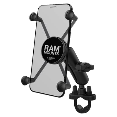 - Large Phone X-Grip holder
- For phones 1.75" (44.5mm) to 4.5" (114mm) wide and max .875" (22.2mm) deep
- Medium-sized socket arm 3" (76mm) ball to ball
- 'U-bolt' base that will clamp to 1/2" (12.7mm) to 1.25" (31.8mm) diameter aquare tubing and rails
- Holds max. 2 lbs / 907 gram normal use or 1 lbs (454 gram) heavy duty use
- Includes: (1) Optional Tether, (1) Glue Tube for Rubber Caps, (1) 1/4"-20 U-Bolt for 0.5" - 1" Rails, (1) 1/4"-20 U-Bolt for 1" - 1.25" Rails, (2) 1/4"-20 Nylock Nuts, (2) Rubber Caps, (1) U-Bolt Spacer
- Materials used: Marine-grade aluminum, high strength composite, stainless steel.
Consists of a zinc coated u-bolt base, double socket arm and universal X-Grip cradle. Included in this package is hardware that will accommodate rails from 0.50" to 1.25" in diameter. The base includes black cover caps to be placed over the exposed ends of the u-bolt. The mount is designed with a RAM 1" diameter patented rubber ball and socket system that has adjustment points at both ends of the double socket arm; this allowing for almost infinite adjustment and perfect viewing angles. The included composite rail adapter can narrow the rail to a minimum width of 0.5". The included X-Grip cradle has a clean and clever four leg design that sports great holding power without hiding your phone behind foam pads and plastic. The spring loaded X-Grip cradle expands and contracts, allowing for a perfect custom fit of your cell phone. The perfect complement to the modern sleek interior of today's vehicles, the RAM X-Grip is the cell phone cradle evolved. The X-Grip includes a device tether recommended for outdoor applications. The cradle is compatible with handheld devices that will fit the dimensions listed below. It is important to verify the dimensions of your handheld device with a case/sleeve/skin when determining the overall size.
RAM Mounts - The way It Works? A 3-piece system: 1 the mount base, 2 the connecting arm, 3 the device holder.
- 1 the mount base -
Equipped with RAM's 1" diameter elastomeric hard rubber socket ball. A connection that is easy adjust, slip-free and vibration absorbing. Various mount base options available.
- 2 socket arm / connecting arm -
A connecting arm with sockets that grip the rubber balls of the mount base and of the phone holder, effectively connecting both parts while offering virtual infinite tool-free adjustments.
- 3 Phone holder / X-Grip -
An innovative spring-loaded system with rubber caps on the 'fingers' that will clamp your phone. The X-Grip phone holder is equipped with RAM's elastomeric hard rubber socket ball for a slip-free, vibration absorbing mount to the socket arm.