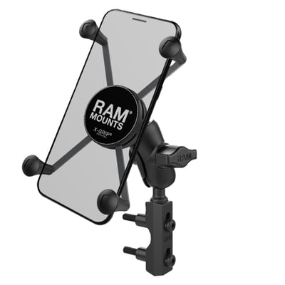 X-Grip holder for large phone size: 
- Wide: 1.75" (44.5mm) to 4.5" (114.3mm) 
- Deep: max .875" (22.2mm) 
- Short socket arm (1.75" / 44.5mm) ball to ball
- A brake / clutch reservoir
- Two 'U-bolt' bases that will give various mounting options to round and square tubing 
- Clamps to 1/2" (12.7mm) to 1.25" (31.8mm) diameter tubes handlebars / tubing / rails 
- Holds max. 2 lbs / 907 gram normal use or 1 lbs (454 gram) heavy duty use 
- Includes: (1) Optional Tether, (1) Glue Tube for Rubber Caps, (2) M6 x 55mm Hex Bolts, (2) #1/4-20 x 2" Hex Bolts, (2) 1/4"-20 x 2.5" Hex Bolts, (2) 1/2" Spacers, (2) 1/4" Split Lock Washers, (1) 1/4"-20 U-Bolt for .5" - 1" Rails, (1) 1/4"-20 U-Bolt for 1" - 1.25" Rails 
- Materials used: Marine-grade aluminum, high strength composite, stainless steel. 
Consists of hardware for mounting to either brake/clutch reservoirs and rails that are 0.5" to 1.25" in diameter, short length double socket arm and universal X-Grip cell phone cradle. Designed into the mount is a 1" diameter patented rubber ball and socket system with adjustment points at both ends of the socket arm; this with a twist of the arm knob, allows you to move the X-Grip mount to your optimum viewing position. The mounting hardware for brake/clutch reservoirs include both standard and metric mounting bolts. The included X-Grip cradle has a clean and clever four leg design that sports great holding power without hiding your phone behind foam pads and plastic. The spring loaded X-Grip cradle expands and contracts, allowing for a perfect custom fit of your cell phone. The perfect complement to the modern sleek interior of today's vehicles, the RAM X-Grip is the cell phone cradle evolved. The included X-Grip cradle has a clean and clever four leg design that sports great holding power without hiding your phone behind foam pads and plastic. The spring loaded X-Grip cradle expands and contracts, allowing for a perfect custom fit of your cell phone. The perfect complement to the modern sleek interior of today's vehicles, the RAM X-Grip is the cell phone cradle evolved. The X-Grip includes a device tether recommended for outdoor applications. The cradle is compatible with handheld devices that will fit the dimensions listed below. It is important to verify the dimensions of your handheld device with a case/sleeve/skin when determining the overall size. 
RAM Mounts - The way It Works? A 3-piece system: 1 the mount base, 2 the connecting arm, 3 the device holder. 
- 1 the mount base -
Equipped with RAM's 1" diameter elastomeric hard rubber socket ball. A connection that is easy adjust, slip-free and vibration absorbing. Various mount base options available. 
- 2 socket arm / connecting arm - 
A connecting arm with sockets that grip the rubber balls of the mount base and of the phone holder, effectively connecting both parts while offering virtual infinite tool-free adjustments. 
- 3 Phone holder / X-Grip - 
An innovative spring-loaded system with rubber caps on the 'fingers' that will clamp your phone. The X-Grip phone holder is equipped with RAM's elastomeric hard  rubber socket ball for a slip-free, vibration absorbing mount to the socket arm.