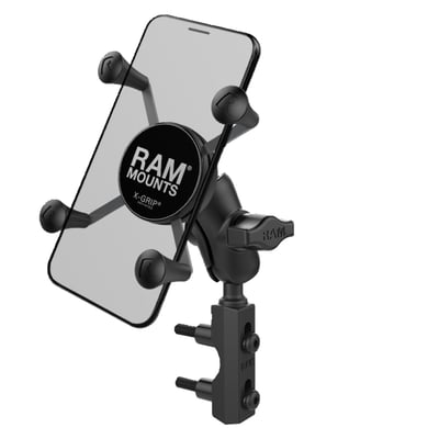 - Small Phone X-Grip holder
- For phones 1.875" (47.6mm) to 3.25" (82.6mm) wide and max .875" (22.2mm) deep
- Short 1.75" (44.5mm) ball to ball socket arm
- A brake / clutch reservoir
- Two 'U-bolt' bases that will give various mounting options to round and square tubing
- Clamps to 1/2" (12.7mm) to 1.25" (31.8mm) diameter tubes handlebars / tubing / rails
- Holds max. 2 lbs / 907 gram normal use or 1 lbs (454 gram) heavy duty use
- Includes: (1) Optional Tether, (1) Glue Tube for Rubber Caps, (2) M6 x 55mm Hex Bolts, (2) #1/4-20 x 2" Hex Bolts, (2) 1/4"-20 x 2.5" Hex Bolts, (2) 1/2" Spacers, (2) 1/4" Split Lock Washers, (1) 1/4"-20 U-Bolt for .5" - 1" Rails, (1) 1/4"-20 U-Bolt for 1" - 1.25" Rails
- Materials used: Marine-grade aluminum, high strength composite, stainless steel.
Consists of hardware for mounting to either brake/clutch reservoirs and rails that are 0.5" to 1.25" in diameter, short length double socket arm and universal X-Grip cell phone cradle. Designed into the mount is a 1" diameter patented rubber ball and socket system with adjustment points at both ends of the socket arm; this with a twist of the arm knob, allows you to move the X-Grip mount to your optimum viewing position. The mounting hardware for brake/clutch reservoirs include both standard and metric mounting bolts. The included X-Grip cradle has a clean and clever four leg design that sports great holding power without hiding your phone behind foam pads and plastic. The spring loaded X-Grip cradle expands and contracts, allowing for a perfect custom fit of your cell phone. The perfect complement to the modern sleek interior of today's vehicles, the RAM X-Grip is the cell phone cradle evolved. The included X-Grip cradle has a clean and clever four leg design that sports great holding power without hiding your phone behind foam pads and plastic. The spring loaded X-Grip cradle expands and contracts, allowing for a perfect custom fit of your cell phone. The perfect complement to the modern sleek interior of today's vehicles, the RAM X-Grip is the cell phone cradle evolved. The X-Grip includes a device tether recommended for outdoor applications. The cradle is compatible with handheld devices that will fit the dimensions listed below. It is important to verify the dimensions of your handheld device with a case/sleeve/skin when determining the overall size.
RAM Mounts - The way It Works? A 3-piece system: 1 the mount base, 2 the connecting arm, 3 the device holder.
- 1 the mount base -
Equipped with RAM's 1" diameter elastomeric hard rubber socket ball. A connection that is easy adjust, slip-free and vibration absorbing. Various mount base options available.
- 2 socket arm / connecting arm -
A connecting arm with sockets that grip the rubber balls of the mount base and of the phone holder, effectively connecting both parts while offering virtual infinite tool-free adjustments.
- 3 Phone holder / X-Grip -
An innovative spring-loaded system with rubber caps on the 'fingers' that will clamp your phone. The X-Grip phone holder is equipped with RAM's elastomeric hard rubber socket ball for a slip-free, vibration absorbing mount to the socket arm.
