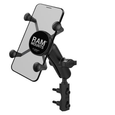 - Small Phone X-Grip holder
- For phones 1.875" (47.6mm) to 3.25" (82.6mm) wide and max .875" (22.2mm) deep
- Medium 3" (76mm) ball to ball socket arm
- A brake / clutch reservoir
- Two 'U-bolt' bases that will give various mounting options to round and square tubing
- Clamps to 1/2" (12.7mm) to 1.25" (31.8mm) diameter tubes handlebars / tubing / rails
- Holds max. 2 lbs / 907 gram normal use or 1 lbs (454 gram) heavy duty use
- Includes: (1) Optional Tether, (1) Glue Tube for Rubber Caps, (2) M6 x 55mm Hex Bolts, (2) #1/4-20 x 2" Hex Bolts, (2) 1/4"-20 x 2.5" Hex Bolts, (2) 1/2" Spacers, (2) 1/4" Split Lock Washers, (1) 1/4"-20 U-Bolt for .5" - 1" Rails, (1) 1/4"-20 U-Bolt for 1" - 1.25" Rails
- Materials used: Marine-grade aluminum, high strength composite, stainless steel.
Consists of hardware for mounting to either brake/clutch reservoirs and rails that are 0.5" to 1.25" in diameter, short length double socket arm and universal X-Grip cell phone cradle. Designed into the mount is a 1" diameter patented rubber ball and socket system with adjustment points at both ends of the socket arm; this with a twist of the arm knob, allows you to move the X-Grip mount to your optimum viewing position. The mounting hardware for brake/clutch reservoirs include both standard and metric mounting bolts. The included X-Grip cradle has a clean and clever four leg design that sports great holding power without hiding your phone behind foam pads and plastic. The spring loaded X-Grip cradle expands and contracts, allowing for a perfect custom fit of your cell phone. The perfect complement to the modern sleek interior of today's vehicles, the RAM X-Grip is the cell phone cradle evolved. The included X-Grip cradle has a clean and clever four leg design that sports great holding power without hiding your phone behind foam pads and plastic. The spring loaded X-Grip cradle expands and contracts, allowing for a perfect custom fit of your cell phone. The perfect complement to the modern sleek interior of today's vehicles, the RAM X-Grip is the cell phone cradle evolved. The X-Grip includes a device tether recommended for outdoor applications. The cradle is compatible with handheld devices that will fit the dimensions listed below. It is important to verify the dimensions of your handheld device with a case/sleeve/skin when determining the overall size.
RAM Mounts - The way It Works? A 3-piece system: 1 the mount base, 2 the connecting arm, 3 the device holder.
- 1 the mount base -
Equipped with RAM's 1" diameter elastomeric hard rubber socket ball. A connection that is easy adjust, slip-free and vibration absorbing. Various mount base options available.
- 2 socket arm / connecting arm -
A connecting arm with sockets that grip the rubber balls of the mount base and of the phone holder, effectively connecting both parts while offering virtual infinite tool-free adjustments.
- 3 Phone holder / X-Grip -
An innovative spring-loaded system with rubber caps on the 'fingers' that will clamp your phone. The X-Grip phone holder is equipped with RAM's elastomeric hard rubber socket ball for a slip-free, vibration absorbing mount to the socket arm.