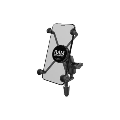 For large phones 1.75" (44.5mm) to 4.5" (114mm) wide and max .875" (22.2mm) deep.
Comes with the X-Grip and a one-piece socket arm (short 1.75" (44.5mm) socket to socket length) with tapered base that can be installed inside the round hole in the fork stem nut. Fits fork stem nuts with a center hole from 12 to 26 mm, and with the base reversed, from 27 to 38mm. Offers a very low profile install. Holds max. 2 lbs / 907 gram normal use or 1 lbs (454 gram) heavy duty use.
Comes with the X-Grip and a one-piece socket arm (short 1.75" (44.5mm) socket to socket length) with tapered base that can be installed inside the round hole in the fork stem nut. Fits fork stem nuts with a center hole from 12 to 26 mm, and with the base reversed, from 27 to 38mm. Offers a very low profile install. Holds max. 2 lbs / 907 gram normal use or 1 lbs (454 gram) heavy duty use.
- Short 1.75" (44.5mm) socket to socket length
- Installs into 12mm to 38mm fork stem holes
- 1" (25.4mm) diameter socket balls. Holds max. 2 lbs / 907 gram normal use or 1 lbs (454 gram) heavy duty use
- Includes: (1) Optional Tether, (1) Glue Tube for Rubber Caps, (1) Expansion Plug for 12mm - 38mm (.5" - 1.49") Fork Stem Holes, (1) M5 x 60mm Machine Screw, (1) Steel Washer Set, (1) Nut Pocket Washer Set, (1) Brass Nylock Nut
- Materials used: Marine-grade aluminum, high strength composite, stainless steel.
Designed to fit into the cylindrical bore wall of fork stems that measure 12mm to 38mm (.5" to 1.49") in diameter, the RAM-B-176-A-UN10U consists of a fork stem base, short length double socket arm, and the popular spring-loaded RAM® X-Grip® large phone holder. The RAM® X-Grip® features an 'X' design that expands and contracts to provide a perfect fit for your device – even if it's in a case. Made of high-strength composite and stainless steel, this version of the RAM® X-Grip® fits phones ranging from 1.75" to 4.5" in width and keeps your device completely functional and accessible. RAM® ball and socket technology allows for near-infinite adjustability to achieve the ideal viewing angle – while also extending the life of your phone by providing shock and vibration damping. For outdoor applications, the RAM® X-Grip® includes a device tether that is recommended for added security and peace of mind.
RAM Mounts - The way It Works? A 3-piece system: 1 the mount base, 2 the connecting arm, 3 the device holder.
- 1 the mount base -
Equipped with RAM's 1" diameter elastomeric hard rubber socket ball. A connection that is easy adjust, slip-free and vibration absorbing. Various mount base options available.
- 2 socket arm / connecting arm -
A connecting arm with sockets that grip the rubber balls of the mount base and of the phone holder, effectively connecting both parts while offering virtual infinite tool-free adjustments.
- 3 Phone holder / X-Grip -
An innovative spring-loaded system with rubber caps on the 'fingers' that will clamp your phone. The X-Grip phone holder is equipped with RAM's elastomeric hard rubber socket ball for a slip-free, vibration absorbing mount to the socket arm.