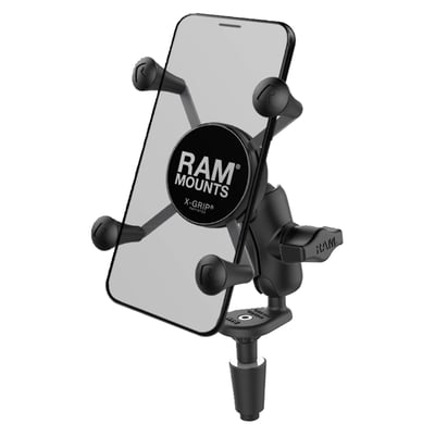 For large phones 1.75" (44.5mm) to 4.5" (114mm) wide and max .875" (22.2mm) deep.
Comes with the X-Grip and a one-piece socket arm (short 1.75" (44.5mm) socket to socket length) with tapered base that can be installed inside the round hole in the fork stem nut. Fits fork stem nuts with a center hole from 12 to 26 mm, and with the base reversed, from 27 to 38mm. Offers a very low profile install. Holds max. 2 lbs / 907 gram normal use or 1 lbs (454 gram) heavy duty use.
- Short 1.75" (44.5mm) socket to socket length
- Installs into 12mm to 38mm fork stem holes
- 1" (25.4mm) diameter socket balls. Holds max. 2 lbs / 907 gram normal use or 1 lbs (454 gram) heavy duty use
- Includes: (1) Optional Tether, (1) Glue Tube for Rubber Caps, (1) Expansion Plug for 12mm - 38mm (.5" - 1.49") Fork Stem Holes, (1) M5 x 60mm Machine Screw, (1) Steel Washer Set, (1) Nut Pocket Washer Set, (1) Brass Nylock Nut
- Materials used: Marine-grade aluminum, high strength composite, stainless steel.
Designed to fit into the cylindrical bore wall of fork stems that measure 12mm to 38mm (.5" to 1.49") in diameter, the RAM-B-176-A-UN10U consists of a fork stem base, short length double socket arm, and the popular spring-loaded RAM® X-Grip® large phone holder. The RAM® X-Grip® features an 'X' design that expands and contracts to provide a perfect fit for your device – even if it's in a case. Made of high-strength composite and stainless steel, this version of the RAM® X-Grip® fits phones ranging from 1.75" to 4.5" in width and keeps your device completely functional and accessible. RAM® ball and socket technology allows for near-infinite adjustability to achieve the ideal viewing angle – while also extending the life of your phone by providing shock and vibration damping. For outdoor applications, the RAM® X-Grip® includes a device tether that is recommended for added security and peace of mind.
RAM Mounts - The way It Works? A 3-piece system: 1 the mount base, 2 the connecting arm, 3 the device holder.
- 1 the mount base -
Equipped with RAM's 1" diameter elastomeric hard rubber socket ball. A connection that is easy adjust, slip-free and vibration absorbing. Various mount base options available.
- 2 socket arm / connecting arm -
A connecting arm with sockets that grip the rubber balls of the mount base and of the phone holder, effectively connecting both parts while offering virtual infinite tool-free adjustments.
- 3 Phone holder / X-Grip -
An innovative spring-loaded system with rubber caps on the 'fingers' that will clamp your phone. The X-Grip phone holder is equipped with RAM's elastomeric hard rubber socket ball for a slip-free, vibration absorbing mount to the socket arm.