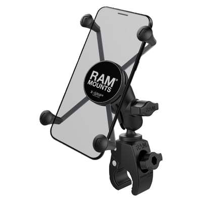 X-Grip holder for large phone size:
- Wide: 1.75" (44.5mm) to 4.5" (114.3mm)
- Deep: max .875" (22.2mm)
- Short socket arm (1.75" / (44.5mm) ball to ball
- 'Tough-Claw™' base
- Base clamps .625" (15.9mm) to 1.5" (38mm) diameter tubing / handlebars
- Base clamps up to 1.14" (29mm) thick flat surfaces
- Holds max. 2 lbs / 907 gram normal use or 1 lbs (454 gram) heavy duty use.
- Includes: (1) Optional Tether, (1) Glue tube for rubber caps
- Materials used: Marine-grade aluminum, high strength composite, stainless steel
Consists of the Tough-Claw rail clamp base, SHORT length double socket arm and universal spring loaded X-Grip cradle for phones. The spring loaded X-Grip cradle expands and contracts, allowing for a perfect custom fit of your tablet. Included are easy access grip knobs for quick insertion and release of your handheld device. The Tough-Claw rail clamp base is the perfect mounting base for quick and easy tool-less installation and removal on round, square, odd shaped rails and bars. The Tough-Claw can be clamped on rails from 0.625" - 1.5" outer diameter. Perfectly suited for mounting on the yoke of an aircraft, handlebars and seat posts of bicycles, kayak rails, roll bars and much more, the RAM Tough-Claw will soon become another essential RAM component in your collection of mounting options. The X-Grip includes a device tether recommended for outdoor applications. The cradle is compatible with handheld devices that will fit the dimensions listed below. It is important to verify the dimensions of your handheld device with a case/sleeve/skin when determining the overall size.
RAM Mounts - The way It Works? A 3-piece system: 1 the mount base, 2 the connecting arm, 3 the device holder.
- 1 the mount base -
Equipped with RAM's 1" diameter elastomeric hard rubber socket ball. A connection that is easy adjust, slip-free and vibration absorbing. Various mount base options available.
- 2 socket arm / connecting arm -
A connecting arm with sockets that grip the rubber balls of the mount base and of the phone holder, effectively connecting both parts while offering virtual infinite tool-free adjustments.
- 3 Phone holder / X-Grip -
An innovative spring-loaded system with rubber caps on the 'fingers' that will clamp your phone. The X-Grip phone holder is equipped with RAM's elastomeric hard rubber socket ball for a slip-free, vibration absorbing mount to the socket arm.