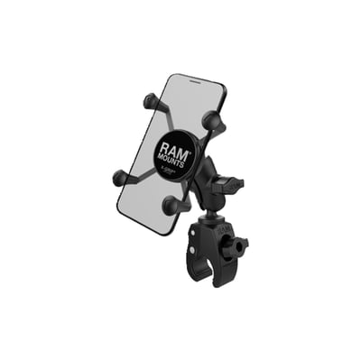 X-Grip holder for small phone size:
- Wide: 1.875" (47.6mm) to 3.25" (82.6mm)
- Deep: max .875" (22.2mm) )
- Short socket arm, 1.75" (44.5mm) ball to ball
- 'Tough-Claw™' base
- Base clamps .625" (15.9mm) to 1.5" (38mm) diameter tubing / handlebars
- Base clamps up to 1.14" (29mm) thick flat surfaces
- Holds max. 2 lbs / 907 gram normal use or 1 lbs (454 gram) heavy duty use
- Includes: (1) Optional Tether, (1) Glue tube for rubber caps
- Materials used: Marine-grade aluminum, high strength composite, stainless steel
Consists of the Tough-Claw rail clamp base, SHORT length double socket arm and universal spring loaded X-Grip cradle for phones. The spring loaded X-Grip cradle expands and contracts, allowing for a perfect custom fit of your tablet. Included are easy access grip knobs for quick insertion and release of your handheld device. The Tough-Claw rail clamp base is the perfect mounting base for quick and easy tool-less installation and removal on round, square, odd shaped rails and bars. The Tough-Claw can be clamped on rails from 0.625" - 1.5" outer diameter. Perfectly suited for mounting on the yoke of an aircraft, handlebars and seat posts of bicycles, kayak rails, roll bars and much more, the RAM Tough-Claw will soon become another essential RAM component in your collection of mounting options. The X-Grip includes a device tether recommended for outdoor applications. The cradle is compatible with handheld devices that will fit the dimensions listed below. It is important to verify the dimensions of your handheld device with a case/sleeve/skin when determining the overall size.
RAM Mounts - The way It Works? A 3-piece system: 1 the mount base, 2 the connecting arm, 3 the device holder.
- 1 the mount base -
Equipped with RAM's 1" diameter elastomeric hard rubber socket ball. A connection that is easy adjust, slip-free and vibration absorbing. Various mount base options available.
- 2 socket arm / connecting arm -
A connecting arm with sockets that grip the rubber balls of the mount base and of the phone holder, effectively connecting both parts while offering virtual infinite tool-free adjustments.
- 3 Phone holder / X-Grip -
An innovative spring-loaded system with rubber caps on the 'fingers' that will clamp your phone. The X-Grip phone holder is equipped with RAM's elastomeric hard rubber socket ball for a slip-free, vibration absorbing mount to the socket arm.