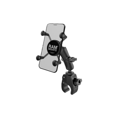 X-Grip holder for small phone size:
- Wide: 1.875" (47.6mm) to 3.25" (82.6mm)
- Deep: max .875" (22.2mm)
- Medium socket arm, 3" (76mm) ball to ball
- 'Tough-Claw™' base
- Base clamps .625" (15.9mm) to 1.5" (38mm) diameter tubing / handlebars
- Base clamps up to 1.14" (29mm) thick flat surfaces
- Holds max. 2 lbs / 907 gram normal use or 1 lbs (454 gram) heavy duty use.
- Includes: (1) Optional Tether, (1) Glue tube for rubber caps
- Materials used: Marine-grade aluminum, high strength composite, stainless steel
Consists of the Tough-Claw rail clamp base, SHORT length double socket arm and universal spring loaded X-Grip cradle for phones. The spring loaded X-Grip cradle expands and contracts, allowing for a perfect custom fit of your tablet. Included are easy access grip knobs for quick insertion and release of your handheld device. The Tough-Claw rail clamp base is the perfect mounting base for quick and easy tool-less installation and removal on round, square, odd shaped rails and bars. The Tough-Claw can be clamped on rails from 0.625" - 1.5" outer diameter. Perfectly suited for mounting on the yoke of an aircraft, handlebars and seat posts of bicycles, kayak rails, roll bars and much more, the RAM Tough-Claw will soon become another essential RAM component in your collection of mounting options. The X-Grip includes a device tether recommended for outdoor applications. The cradle is compatible with handheld devices that will fit the dimensions listed below. It is important to verify the dimensions of your handheld device with a case/sleeve/skin when determining the overall size.
RAM Mounts - The way It Works? A 3-piece system: 1 the mount base, 2 the connecting arm, 3 the device holder.
- 1 the mount base -
Equipped with RAM's 1" diameter elastomeric hard rubber socket ball. A connection that is easy adjust, slip-free and vibration absorbing. Various mount base options available.
- 2 socket arm / connecting arm -
A connecting arm with sockets that grip the rubber balls of the mount base and of the phone holder, effectively connecting both parts while offering virtual infinite tool-free adjustments.
- 3 Phone holder / X-Grip -
An innovative spring-loaded system with rubber caps on the 'fingers' that will clamp your phone. The X-Grip phone holder is equipped with RAM's elastomeric hard rubber socket ball for a slip-free, vibration absorbing mount to the socket arm.