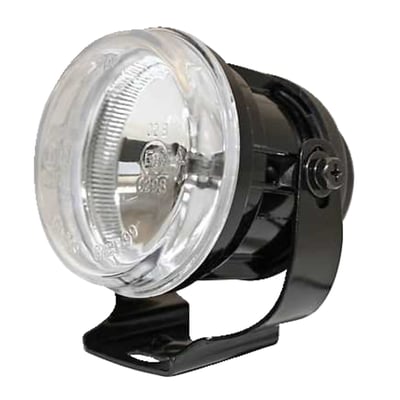 Wide beam. 
Black round metal housing, without cover. 
Clear ECE approved lens. 
With H3 55W bulb. 
Complete with universal mount bracket. 
Approx. dimensions: 70mm diameter x 88mm deep.