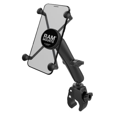 X-Grip holder for large phone size:
- Wide: 1.75" (44.5mm) to 4.5" (114.3mm)
- Deep: max .875" (22.2mm)
- Long socket arm, 5.31" (135mm) ball to ball
- 'Tough-Claw™' base
- Base clamps .625" (15.9mm) to 1.5" (38mm) diameter tubing / handlebars
- Base clamps up to 1.14" (29mm) thick flat surfaces
- Holds max. 2 lbs / 907 gram normal use or 1 lbs (454 gram) heavy duty use.
- Includes: (1) Optional Tether, (1) Glue tube for rubber caps
- Materials used: Marine-grade aluminum, high strength composite, stainless steel
Consists of the Tough-Claw rail clamp base, LONG length double socket arm and universal spring loaded X-Grip cradle for large phones and phablets. The spring loaded X-Grip cradle expands and contracts, allowing for a perfect custom fit of your phone or phablet. Included are easy access grip knobs for quick insertion and release of your handheld device. The Tough-Claw rail clamp base is the perfect mounting base for quick and easy tool-less installation and removal on round, square, odd shaped rails and bars. The Tough-Claw can be clamped on rails from 0.625" - 1.5" outer diameter. Perfectly suited for mounting on the yoke of an aircraft, handlebars and seat posts of bicycles, kayak rails, roll bars and much more, the RAM Tough-Claw will soon become another essential RAM component in your collection of mounting options. The X-Grip includes a device tether recommended for outdoor applications. The cradle is compatible with handheld devices that will fit the dimensions listed below. It is important to verify the dimensions of your handheld device with a case/sleeve/skin when determining the overall size.
RAM Mounts - The way It Works? A 3-piece system: 1 the mount base, 2 the connecting arm, 3 the device holder.
- 1 the mount base -
Equipped with RAM's 1" diameter elastomeric hard rubber socket ball. A connection that is easy adjust, slip-free and vibration absorbing. Various mount base options available.
- 2 socket arm / connecting arm -
A connecting arm with sockets that grip the rubber balls of the mount base and of the phone holder, effectively connecting both parts while offering virtual infinite tool-free adjustments.
- 3 Phone holder / X-Grip -
An innovative spring-loaded system with rubber caps on the 'fingers' that will clamp your phone. The X-Grip phone holder is equipped with RAM's elastomeric hard rubber socket ball for a slip-free, vibration absorbing mount to the socket arm.