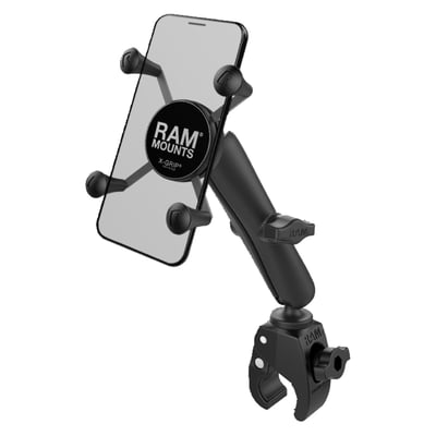 X-Grip holder for small phone size:
- Wide: 1.875" (47.6mm) to 3.25" (82.6mm)
- Deep: max .875" (22.2mm)
- Long socket arm, 5.31" (135mm) ball to ball
- 'Tough-Claw™' base
- Base clamps .625" (15.9mm) to 1.5" (38mm) diameter tubing / handlebars
- Base clamps up to 1.14" (29mm) thick flat surfaces
- Holds max. 2 lbs / 907 gram normal use or 1 lbs (454 gram) heavy duty use
- Includes: (1) Optional Tether, (1) Glue tube for rubber caps
- Materials used: Marine-grade aluminum, high strength composite, stainless steel
Consists of the Tough-Claw rail clamp base, LONG length double socket arm and universal spring loaded X-Grip cradle for phones. The spring loaded X-Grip cradle expands and contracts, allowing for a perfect custom fit of your tablet. Included are easy access grip knobs for quick insertion and release of your handheld device. The Tough-Claw rail clamp base is the perfect mounting base for quick and easy tool-less installation and removal on round, square, odd shaped rails and bars. The Tough-Claw can be clamped on rails from 0.625" - 1.5" outer diameter. Perfectly suited for mounting on the yoke of an aircraft, handlebars and seat posts of bicycles, kayak rails, roll bars and much more, the RAM Tough-Claw will soon become another essential RAM component in your collection of mounting options. The X-Grip includes a device tether recommended for outdoor applications. The cradle is compatible with handheld devices that will fit the dimensions listed below. It is important to verify the dimensions of your handheld device with a case/sleeve/skin when determining the overall size.
RAM Mounts - The way It Works? A 3-piece system: 1 the mount base, 2 the connecting arm, 3 the device holder.
- 1 the mount base -
Equipped with RAM's 1" diameter elastomeric hard rubber socket ball. A connection that is easy adjust, slip-free and vibration absorbing. Various mount base options available.
- 2 socket arm / connecting arm -
A connecting arm with sockets that grip the rubber balls of the mount base and of the phone holder, effectively connecting both parts while offering virtual infinite tool-free adjustments.
- 3 Phone holder / X-Grip -
An innovative spring-loaded system with rubber caps on the 'fingers' that will clamp your phone. The X-Grip phone holder is equipped with RAM's elastomeric hard rubber socket ball for a slip-free, vibration absorbing mount to the socket arm.