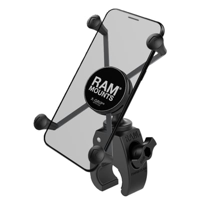 Large phone X-Grip holder. 
For phone / device dimensions: 
- Wide: 1.75" (44.5mm) to 4.5" (114mm) wide 
- Max. depth: .875" (22.2mm) 
X-Grip is directly attached to the Tough-Claw base. No socket arm used, giving it a super low profile. 
The 'Tough-Claw™' base: 
- Clamps to .625" (15.9mm) to 1.5" (38mm) diameter tubing / handlebars
- Up to 1.14" (29mm) thick flat surfaces. 
- Holds max. 2 lbs / 907 gram normal use or 1 lbs (454 gram) heavy duty use 
- Includes: (1) Optional Tether, (1) Glue Tube for Rubber Caps. 
Consists of the Tough-Claw base and universal X-Grip cradle for large phones and phablets. The X-Grip cradle has a clean and clever four leg design that sports great holding power without hiding your smart-phone behind foam pads and plastic. The X-Grip cradle expands and contracts for perfect fit of most smart phones. This mount rotates 360 degrees. The X-Grip includes a device tether recommended for outdoor applications. The cradle is compatible with handheld devices that will fit the dimensions as listed. It is important to verify the dimensions of your handheld device with a case/sleeve/skin when determining the overall size. 
RAM Mounts - The way It Works? A 3-piece system: 1 the mount base, 2 the connecting arm, 3 the device holder. 
- 1 the mount base -
Equipped with RAM's 1" diameter elastomeric hard rubber socket ball. A connection that is easy adjust, slip-free and vibration absorbing. Various mount base options available. 
- 2 socket arm / connecting arm - 
A connecting arm with sockets that grip the rubber balls of the mount base and of the phone holder, effectively connecting both parts while offering virtual infinite tool-free adjustments. 
- 3 Phone holder / X-Grip - 
An innovative spring-loaded system with rubber caps on the 'fingers' that will clamp your phone. The X-Grip phone holder is equipped with RAM's elastomeric hard  rubber socket ball for a slip-free, vibration absorbing mount to the socket arm.