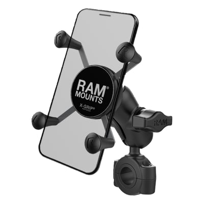 - Small Phone X-Grip holder
- For phones 1.875" (47.6mm) to 3.25" (82.6mm) wide and max .875" (22.2mm) deep
- For 3/4" (22mm) to 1" (25.4mm) round bars
- Short 1.75" (44.5mm) ball to ball socket arm
- Comes with the X-Grip, a socket arm and a 'Torque' base handlebar clamp mount
- Holds max. 2 lbs / 907 gram normal use or 1 lbs (454 gram) heavy duty use.
Take your mobile entertainment on the road with the RAM® Torque™ handlebar and rail mounting base. Sizing inserts are included to provide a snug fit and offer additional protection for the rail. The mount utilizes nylon-insert locknuts to prevent loosening in high vibration environments. This low-profile mount is the perfect way to secure your personal electronics and small accessories in any high-vibration environment. The included X-Grip® cradle has a clean and clever four leg design that sports great holding power without hiding your phone behind foam pads and plastic. The spring loaded X-Grip® cradle expands and contracts, allowing for a perfect custom fit of your cell phone. The perfect complement to the modern sleek interior of today's vehicles, the RAM X-Grip® is the cell phone cradle evolved. The X-Grip® includes a device tether recommended for outdoor applications. It is important to verify the dimensions of your handheld device with a case/sleeve/skin when determining the overall size.
RAM Mounts - The way It Works? A 3-piece system: 1 the mount base, 2 the connecting arm, 3 the device holder.
- 1 the mount base -
Equipped with RAM's 1" diameter elastomeric hard rubber socket ball. A connection that is easy adjust, slip-free and vibration absorbing. Various mount base options available.
- 2 socket arm / connecting arm -
A connecting arm with sockets that grip the rubber balls of the mount base and of the phone holder, effectively connecting both parts while offering virtual infinite tool-free adjustments.
- 3 Phone holder / X-Grip -
An innovative spring-loaded system with rubber caps on the 'fingers' that will clamp your phone. The X-Grip phone holder is equipped with RAM's elastomeric hard rubber socket ball for a slip-free, vibration absorbing mount to the socket arm.