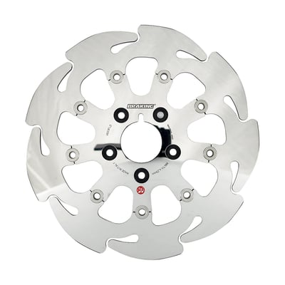 Floating brake rotors with approval. Speedo gap is present in front brake rotors. Counterbored mounting holes, 56mm ID for 00-up models. The wave design allows the rotor to have certain deformations during heating and has a perfect heat disposal. The rotor is therefore very resistant to high temperatures. Polished finish. 

Note: Check your local MCS dealer or the MCS sales department for exact type of approval and validity on bike model and years on the test report.