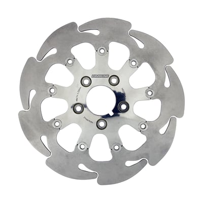 Floating brake rotors with approval. Speedo gap is present in front brake rotors. Counterbored mounting holes, 56mm ID for 00-up models. The wave design allows the rotor to have certain deformations during heating and has a perfect heat disposal. The rotor is therefore very resistant to high temperatures. Polished finish. 

Note: Check your local MCS dealer or the MCS sales department for exact type of approval and validity on bike model and years on the test report.