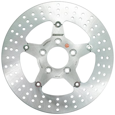 5 spoke floating brake rotor with approval. 
Dimensions 11.5" / 292mm OD, 56mm ID, 3/8" counterbored mounting holes. 
Mount style 'B'. 
OEM replacement reference 41797-00, 41500089. 
Note: fitment on OEM 17" FXSTD wheel requires 43837-00 brake rotor spacer plate. 
Note: Check your local MCS dealer or the MCS sales department for exact type of approval and validity on bike model and years on the test report. 
