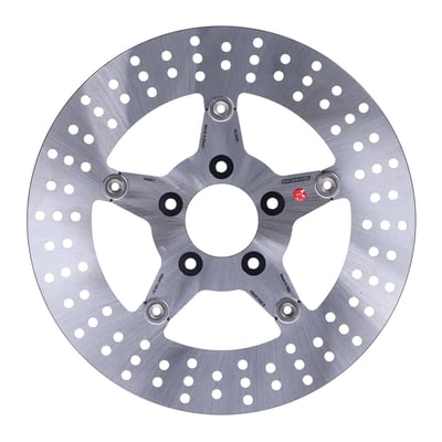 5 spoke floating brake rotor with approval. 
For OEM & aftermarket wire & cast wheels with 3.25" bolt circle mount holes. Dimensions 300mm OD, 56mm ID, 5/16" counterbored mounting holes. 
Mount style 'B'. 
Note: Check your local MCS dealer or the MCS sales department for exact type of approval and validity on bike model and years on the test report.