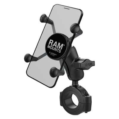 - Small Phone X-Grip
- X-Grip takes phones 1.875" (47.6mm) to 3.25" (82.6mm) wide and max .875" (22.2mm) deep
- For 1.125" (28.5 mm) to 1.5" (38.1mm) round bars
- Short 1.75" (44.5mm) ball to ball socket arm.
- Comes with the X-Grip, a socket arm and a 'Torque' base handlebar clamp mount
- Holds max. 2 lbs / 907 gram normal use or 1 lbs (454 gram) heavy duty use.
Take your mobile entertainment on the road with the RAM® Torque™ handlebar and rail mounting base. Sizing inserts are included to provide a snug fit and offer additional protection for the rail. The mount utilizes nylon-insert locknuts to prevent loosening in high vibration environments. This low-profile mount is the perfect way to secure your personal electronics and small accessories in any high-vibration environment. The included X-Grip® cradle has a clean and clever four leg design that sports great holding power without hiding your phone behind foam pads and plastic. The spring loaded X-Grip® cradle expands and contracts, allowing for a perfect custom fit of your cell phone. The perfect complement to the modern sleek interior of today's vehicles, the RAM X-Grip® is the cell phone cradle evolved. The X-Grip® includes a device tether recommended for outdoor applications. It is important to verify the dimensions of your handheld device with a case/sleeve/skin when determining the overall size.
RAM Mounts - The way It Works? A 3-piece system: 1 the mount base, 2 the connecting arm, 3 the device holder.
- 1 the mount base -
Equipped with RAM's 1" diameter elastomeric hard rubber socket ball. A connection that is easy adjust, slip-free and vibration absorbing. Various mount base options available.
- 2 socket arm / connecting arm -
A connecting arm with sockets that grip the rubber balls of the mount base and of the phone holder, effectively connecting both parts while offering virtual infinite tool-free adjustments.
- 3 Phone holder / X-Grip -
An innovative spring-loaded system with rubber caps on the 'fingers' that will clamp your phone. The X-Grip phone holder is equipped with RAM's elastomeric hard rubber socket ball for a slip-free, vibration absorbing mount to the socket arm.