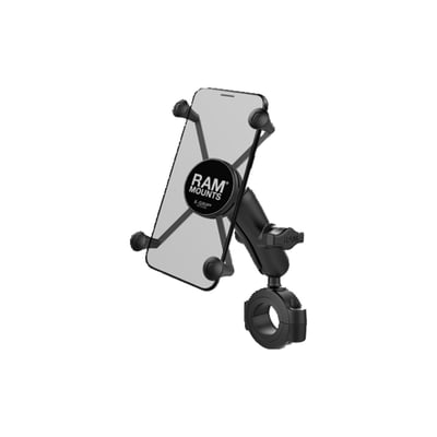 - Large Phone X-Grip
- For phones 1.75" (44.5mm) to 4.5" (114mm) wide and max .875" (22.2mm) deep
- For 1.125" (28.5 mm) to 1.5" (38.1mm) round bars
- Medium 3" (76mm) ball to ball socket arm
- Comes with the X-Grip, a socket arm and a 'Torque' base handlebar clamp mount
- Holds max. 2 lbs / 907 gram normal use or 1 lbs (454 gram) heavy duty use
Take your mobile entertainment on the road with the RAM® Torque™ handlebar and rail mounting base. Sizing inserts are included to provide a snug fit and offer additional protection for the rail. The mount utilizes nylon-insert locknuts to prevent loosening in high vibration environments. This low-profile mount is the perfect way to secure your personal electronics and small accessories in any high-vibration environment. The included X-Grip® cradle has a clean and clever four leg design that sports great holding power without hiding your phone behind foam pads and plastic. The spring loaded X-Grip® cradle expands and contracts, allowing for a perfect custom fit of your cell phone. The perfect complement to the modern sleek interior of today's vehicles, the RAM X-Grip® is the cell phone cradle evolved. The X-Grip® includes a device tether recommended for outdoor applications. It is important to verify the dimensions of your handheld device with a case/sleeve/skin when determining the overall size.
RAM Mounts - The way It Works? A 3-piece system: 1 the mount base, 2 the connecting arm, 3 the device holder.
- 1 the mount base -
Equipped with RAM's 1" diameter elastomeric hard rubber socket ball. A connection that is easy adjust, slip-free and vibration absorbing. Various mount base options available.
- 2 socket arm / connecting arm -
A connecting arm with sockets that grip the rubber balls of the mount base and of the phone holder, effectively connecting both parts while offering virtual infinite tool-free adjustments.
- 3 Phone holder / X-Grip -
An innovative spring-loaded system with rubber caps on the 'fingers' that will clamp your phone. The X-Grip phone holder is equipped with RAM's elastomeric hard rubber socket ball for a slip-free, vibration absorbing mount to the socket arm.
