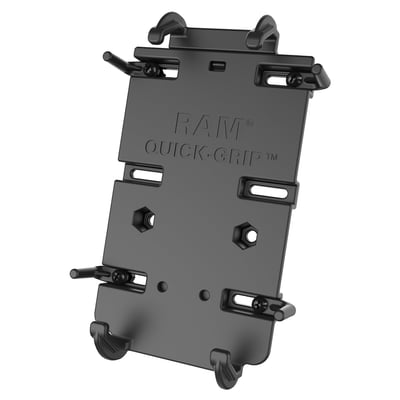 - Small Quick-Grip™ spring loaded cradle for phones / devices of dimensions: 
- 5.75" (146mm) to 7.25" (184mm) high 
- 2.625" (66.7mm) to 3.625" (92mm) wide 
- Max .72" (18.3mm) deep 
- Without mount ball, order separately when required 
- See 944231 for 'Diamond' base with 1" mount ball 
Comes with the industry standard 1.912" (48.6mm) center to center AMPS hole pattern on the back. For use all AMPS hole pattern mounts, like RAM's 944231 'Diamond Mount Base', with 1" (25.4mm) ball, which allows this holder to be used with all RAM's socket arms and mount bases with 1" balls. The Quick-Grip offers a secure fit on all sides for all devices within the given dimensions. Holds max. 2 lbs / 907 gram normal use or 1 lbs (454 gram) heavy duty use. Includes two nuts & bolts