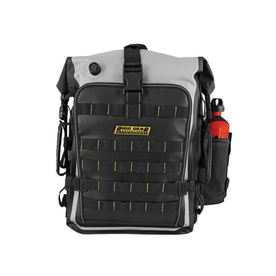 '- 100% waterproof 
- All seams are electronically heat welded 
- Made from waterproof and durable PVC Tarpaulin 
- Watertight roll closure with quick release buckles 
- UV Coated outer material cleans easily and prevents slipping or marking 
- Securely mounts using patented RIGG STRAP® system 
- RIGG STRAP® can also be used as a separate tie down system 
- Padded back panel is sectionalized to allow for better airflow 
- Back panel opens to conceals backpack straps when used as a tail pack 
- Dual quick release closure either over the top or down the sides 
-Purge valve makes for compression ease 
- Inner sleeve to hold most folders, notebooks, tablets and up to 15" laptops 
- Inner loops for attaching smaller items for quick access 
- Front MOLLE panel includes a clear waterproof document pocket 
- Integrated external pocket to hold an optional hydration bladder or simular 
- Side bottle pocket large enough to hold 30 oz bottles (bottles not included) 
- Side MOLLE panel to add other optional accessories 
- Reflective webbing for enhanced visibility 
- Backpack straps are adjustable and padded for comfort 
- Dimensions approx.: 12.5" (31.8cm) long x 7" (17.8cm) wide x 21.5" (54.6cm) high 
- Capacity approx. 30 liters