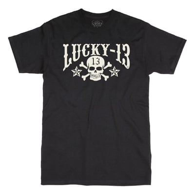 The Lucky 13 T-shirts are made with 6.1 ounce 100% soft-spun cotton. Features a rib knit collar, shoulder to shoulder taping and double needle sleeves. Most T-shirts have a nice back print with a small print on the front left. And otherwise they have a fron print and small back print in the middle. Check the whole collection and make up your mind.