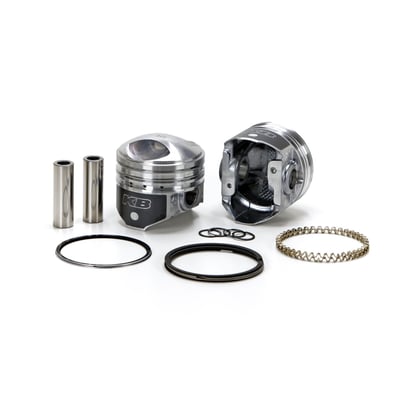 Compatible with stock cylinders and heads, gives stock compression ratio. 8.5:1 CR. Piston weight 370gr. Piston pin weight 97gr. 
Head type: Dome 0.656" / Dome -57cc. 
Compression height 1.450". 
Bore 3.4375" / Stroke 3.969" (3-31/32"). 
Rod length 7.440" / Cyl. length 5.330". 
Comes with T6 heat treated 390 Hypereutectic cast pistons with 16% silicone levels which enables running a very tight clearance for longevity and hardly any piston noise. 

Note: Top compression ring will need additional clearance. See instructions.