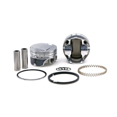 Forged piston set. 9.5:1 CR with 80cc head. 
Piston weight 365gr. 
Piston pin weight 97gr. 
Piston pin dia. .792" / offset. 
Head type: Dome with -8.5cc. 
Compression height 1.375". 
Bore 3.4980". 
Stroke 4.250". 
Rod length 7.440". 
Cyl. length 5.550". 
All KB forged pistons are made from 4032 alloy, a 11% silicon alloy that is formed in a forging press. Forging aluminum gives a superior strength and structural integrity on a molecular level, after which it is fully machined. The combination of this alloy and the forging process allows the piston to flex under detonation, or pre-ignition, giving the best resistance to cracking. Although 4032 has a low expansion rate, it is higher than the cast Hypereutectic. Therefore forged KB pistons will require about .001" wider piston to wall clearance. Pistons are sold as sets, complete with wrist pin retaining rings, wrist pins and piston rings. 

Note; All KB forged pistons come equipped with offset wrist pins / piston pins. There is a front and rear section on the piston and it is necessary to install it in the correct way. Please refer to the installation instructions, as provided with the piston set, prior to installation.