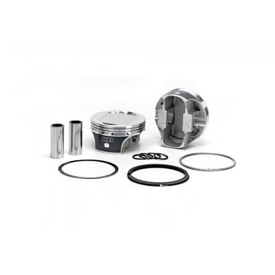 Forged piston set. For 96" (3-3/4") to 103" (3-7/8") big bore conversion. 
9.5:1 CR with stock 85cc head.
Piston weight 335gr. 
Piston pin weight 89gr.
Piston pin dia. .927" / offset. 
Head type: Dish with +6.9cc. 
Compression height 1.076". 
Bore 3.875". 
Stroke 4.375" (4-3/8"). 
Rod length 7.667". 
Cyl. length 4.938". 

Note: All KB forged pistons come equipped with offset wrist pins / piston pins. There is a front and rear section on the piston and it is necessary to install it in the correct way. Please refer to the installation instructions, as provided with each piston set, prior to installation.