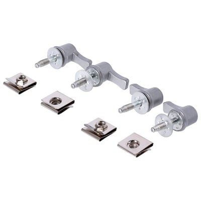 Reproduction installation hardware as used to install the stock hard bags to M8 Touring models. Will also retro-fit 93-17 Evolution and Twin Cam FLT/Touring models. Kit includes 4x lever, 4x screw and 4x receptacle / nut / clip / speed nut / U-type speed clip. 
OEM replacement reference 90201540, 10200533, 10400034.