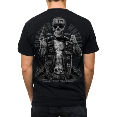 Friend or Foe it is up to you when you wear this shirt by Lethal Threat.  This T-shirt comes in "Real Men Sizing" meaning a looser, bigger, more comfortable fit, full color front and back screen print and manufactured from a soft 100% preshrunk cotton fabric for the perfect fit.