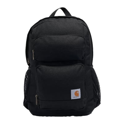 A classic but handy single compartment backpack of 27L by Carhartt. Made of 100% 1200 denier DWR polyester with a durable water repellent finish. Features large main compartment with dedicated 15-inch laptop and tablet sleeve. Features zipper secured organization compartment, two mesh side pockets and the Carthartt label on front.