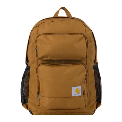 A classic but handy single compartment backpack of 27L by Carhartt. Made of 100% 1200 denier DWR polyester with a durable water repellent finish. Features large main compartment with dedicated 15-inch laptop and tablet sleeve. Features zipper secured organization compartment, two mesh side pockets and the Carthartt label on front.