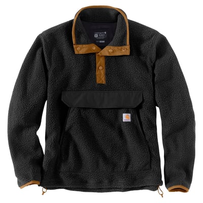 Carhartt's version of the classic fleece pullover. This warm layer works well Monday-Friday or for short hikes on the weekends. It has a relaxed fit, so it layers easily over t-shirts and flannels. Adjust the drawcord at the hem to seal out the cold.

• Relaxed Fit
• Mock neck
• Front kangaroo pocket, with flap and pocket entrance at side and top
• Four-snap front closure
• Carhartt label sewn on lower front
• Woven
• 8.5 oz/yd² - 289 gsm
• Sherpa Face Fleece
• 100% Polyester