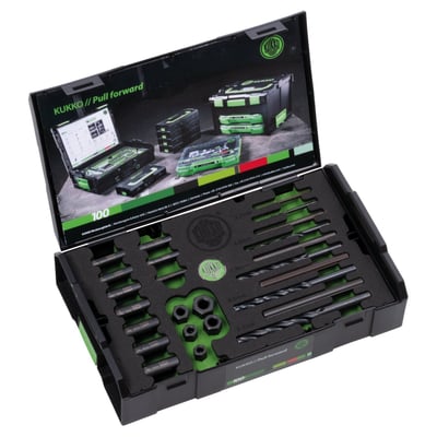 Complete bolt removal kit. Used to remove snapped-off bolts or studs from M5 to M16. Comes with correct sized drills, drill guides and bolt extractors. 
- Thread Size: M5 to M16
- Drill diameters: 3.2mm to 8.7mm 
Note: Use with hand tools only. 
