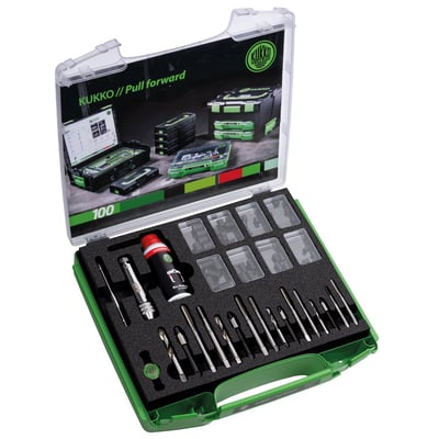 For M5, M6, M8 and M10 metric threads. Used to repair damaged or stripped threads in aluminum or steel that are as strong or stronger, than the original threads. Just drill out old threads. Then use the appropriate countersink for a nice beveled edge. Cut threads. Insert the externally threaded insert / threaded bushing. Screw it into place with the insert driver. 
- Complete set to get the job done 
- Build Series: K-58 
- Diameter of Insert Sleeves: M5 - M10 
- Pitch of Insert Sleeves: 08 - 1.0 
- Length of Insert Sleeves: 7.6 - 15 
- Number of Sleeves: 8x5 
- Includes cutting oil 
- Weight: 2.07kg.