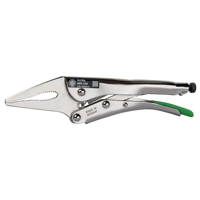 Long nose grip pliers, also know as 'vice grip' or 'mole grip' pliers, are the perfect tool for gripping a part in deeper and confined spaces. 
- Overall length: 230mm 
- Design: Langbeck / Longnose 
- Span of the parallel screw clamp: 55mm 
- Weight: 0.380kg