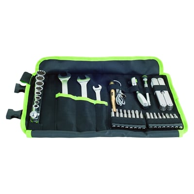 32-piece set. Your reliable compagnion for short or long trips. 24/7 ready to solve most technical issues or maintenance while on a trip, or at home. Metric sizes. 
- Open end wrench sizes: 8x10 / 12x13 / 14x15 
- 12-point sockets with 1/4" drive: 6 / 7 / 8 / 10 / 12 / 13 / 14mm 
- 1/4" drive swivel joint 
- Bit holder: 1/4" drive 
- Rachet: 1/4" drive with 60 teeth 
- Extension: 100mm 
- 1/4" 50mm long bits: 16 pieces 
- Volt test light: 6 to 24 Volt 
- Multitool 
- Textile roll bag 
- Weight: 1.1kg