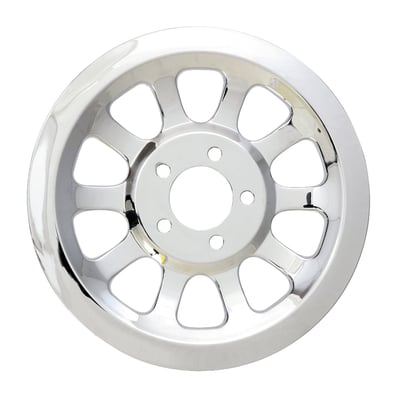 Chrome plated steel. Fully covers the OEM rear wheel pulley on the outside. Gives the pulley that full-chrome appearance.