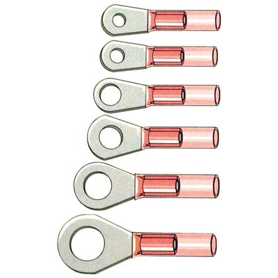 Ring terminal stud diameter: #6 (3.5mm). 
Self soldering universal connection with heat shrink tubing. Just heat it up & it's ready. No crimping required. Strong, durable, vibration resistant and absolutely weather proof. 
Red is for 22-18 gauge (0.50 to 1mm² or 0.64 to 1.02mm diameter) wiring.